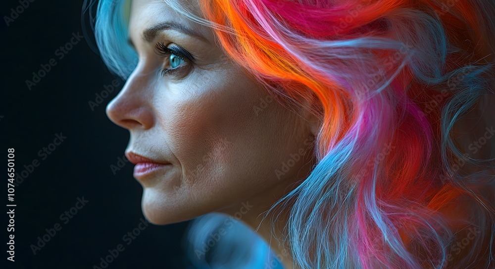 A striking portrait of an older woman with silver hair, highlighted by vibrant streaks of orange and pink that add a bold and modern touch. A striking portrait of an older woman with silver hair, highlighted by vibrant streaks of orange and pink that add a bold and modern touch.