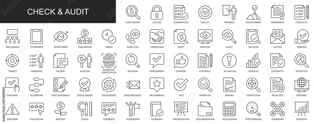 Check and audit web icons set in thin line design. Pack of money examination, quality, result, discussion, monitoring, evaluation, review, target, other outline stroke pictograms. Illustration. Check and audit web icons set in thin line design. Pack of money examination, quality, result, discussion, monitoring, evaluation, review, target, other outline stroke pictograms. Illustration.
