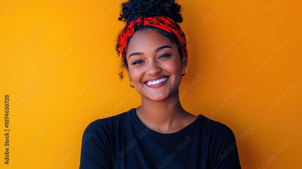 A young Black woman with a bright smile and a red headband stands against a vibrant yellow background.