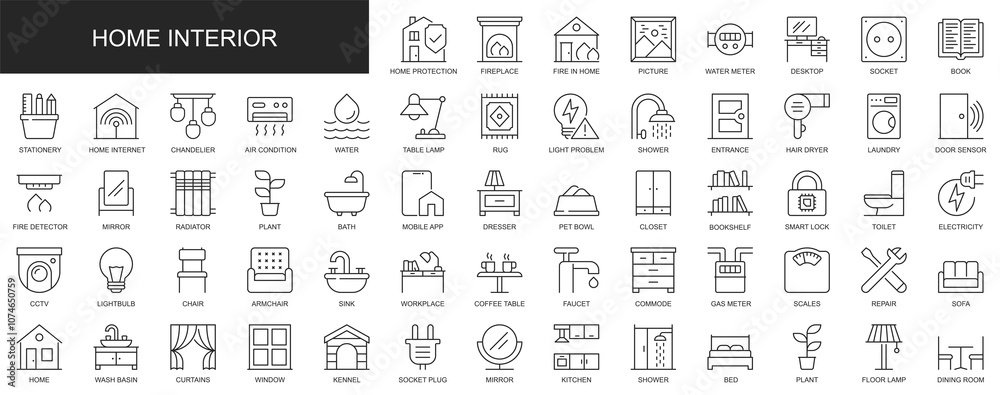 Home interior web icons set in thin line design. Pack of desktop, book, stationery, chandelier, lamp, shower, laundry, door, dresser, electricity, other outline stroke pictograms. Illustration. Home interior web icons set in thin line design. Pack of desktop, book, stationery, chandelier, lamp, shower, laundry, door, dresser, electricity, other outline stroke pictograms. Illustration.