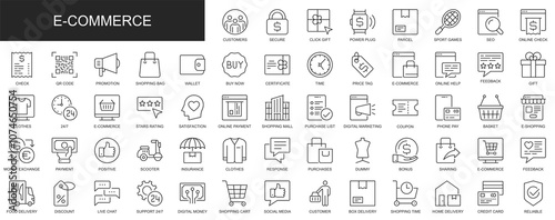 E-commerce web icons set in thin line design. Pack of customer, parcel, online check, promotion, shopping bag, wallet, buy, price tag, purchase, other outline stroke pictograms. Illustration.
