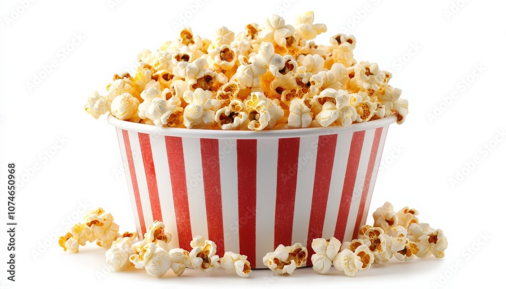 A striped bucket overflowing with buttery popcorn, perfect for movie nights or snacking, includes scattered pieces around it. A striped bucket overflowing with buttery popcorn, perfect for movie nights or snacking, includes scattered pieces around it.