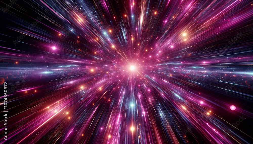 Naklejka premium Abstract background in blue and purple neon glow colors on black. Speed of light in galaxy. Explosion in universe. Cosmic background for event, party