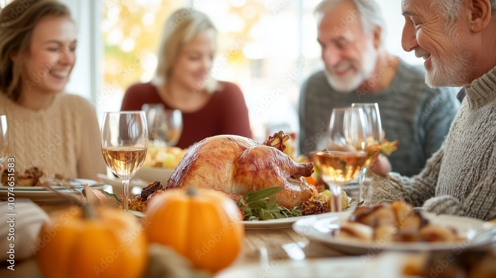 Family gathering celebrates Thanksgiving with a delicious turkey dinner in a cozy dining room filled with autumn decorations