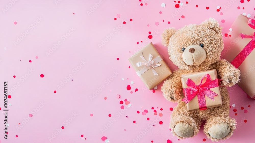 A brown teddy bear with a pink bow sits on a pink background with confetti and gifts. A brown teddy bear with a pink bow sits on a pink background with confetti and gifts.
