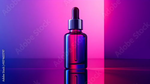 Glass Dropper Bottle on Purple and Pink Gradient Background - 3D Illustration