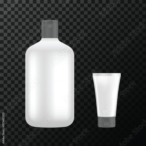 Blank plastic white cosmetic bottle and tube with black caps - mockup for cosmetics without label and brand name. Vector realistic illustration on transparent background.