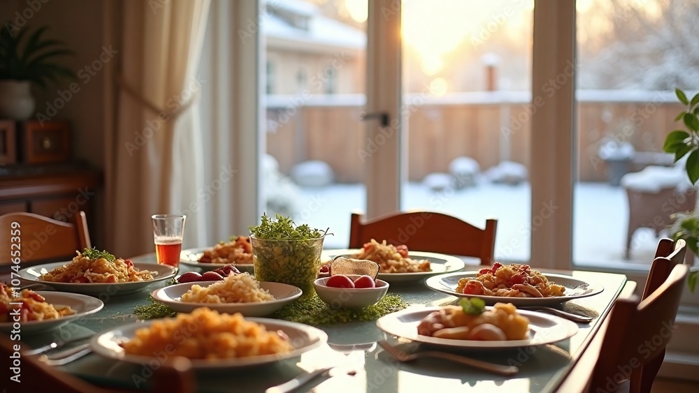 Vibrant dining scene on glass table scene, scene-inviting and backdrop-sunlit Vibrant dining scene on glass table scene, scene-inviting and backdrop-sunlit