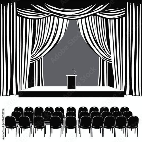 a black and white illustration of a stage with a curtain