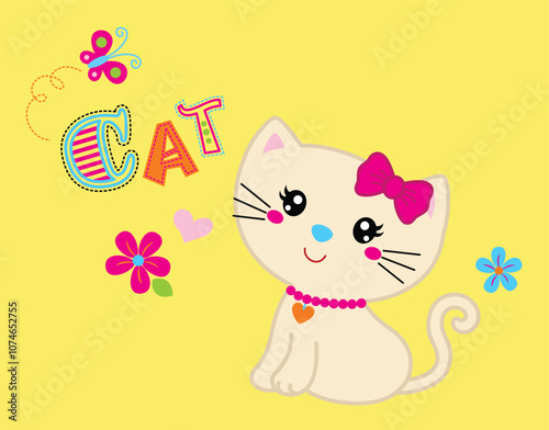 Charming cat vector illustration with colorful flowers and tiny insects in a whimsical design.
