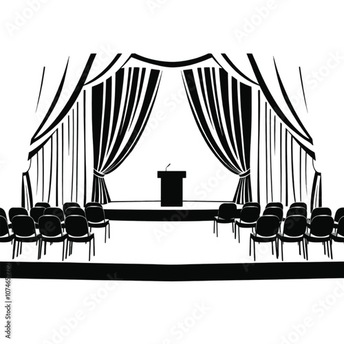 a black and white illustration of a stage with a curtain