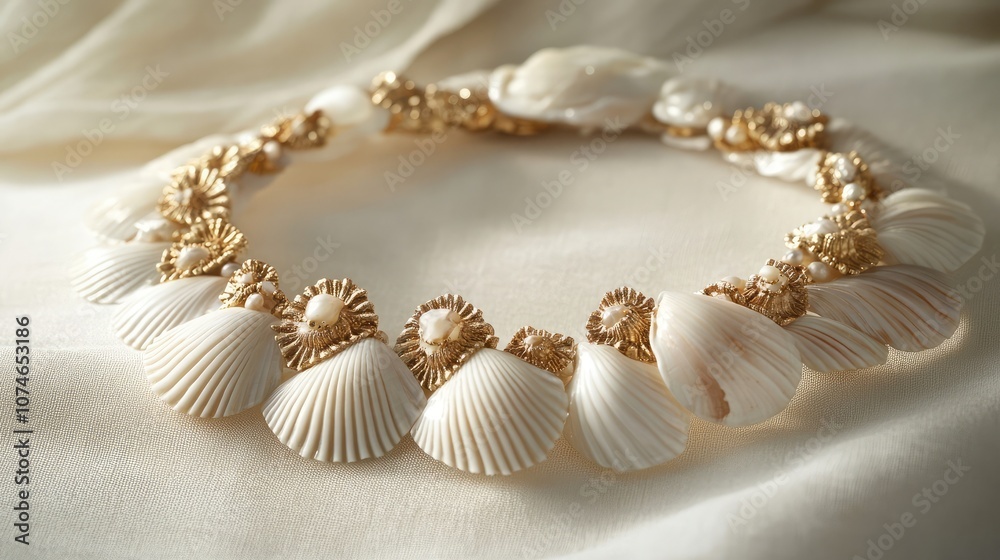 A delicate seashell necklace with gold accents. This beautiful piece would be perfect for a summer wedding or a beach party. A delicate seashell necklace with gold accents. This beautiful piece would be perfect for a summer wedding or a beach party.