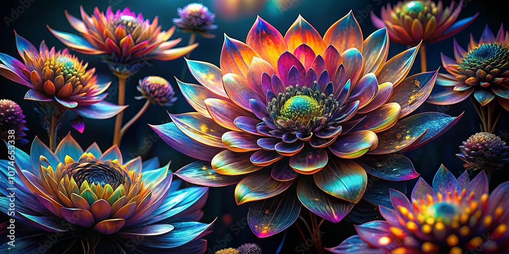 A symphony of vibrant colors, these iridescent blossoms exude an otherworldly beauty, each petal shimmering with a kaleidoscope of hues. A symphony of vibrant colors, these iridescent blossoms exude an otherworldly beauty, each petal shimmering with a kaleidoscope of hues.