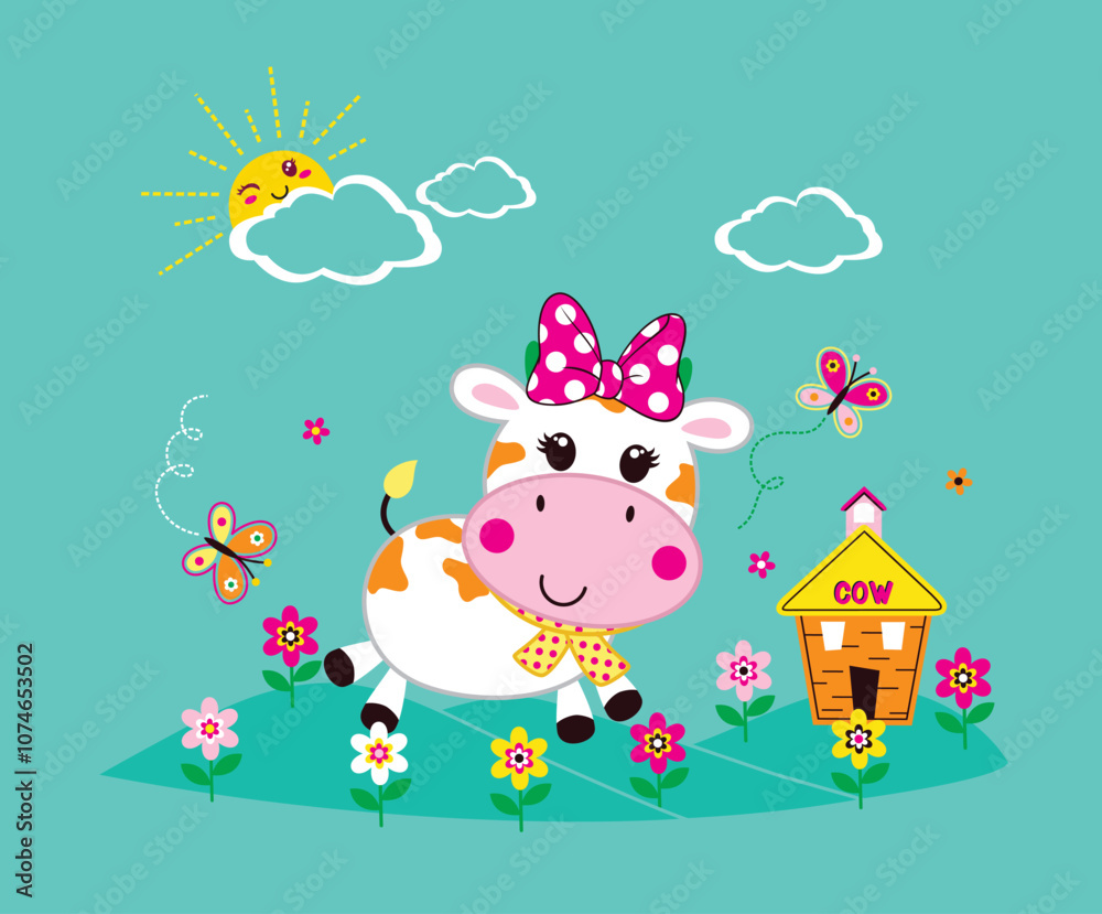 Adorable cow vector illustration standing in a vibrant flower garden with a cheerful, nature-inspired design.
Adorable cow vector illustration standing in a vibrant flower garden with a cheerful, nature-inspired design.