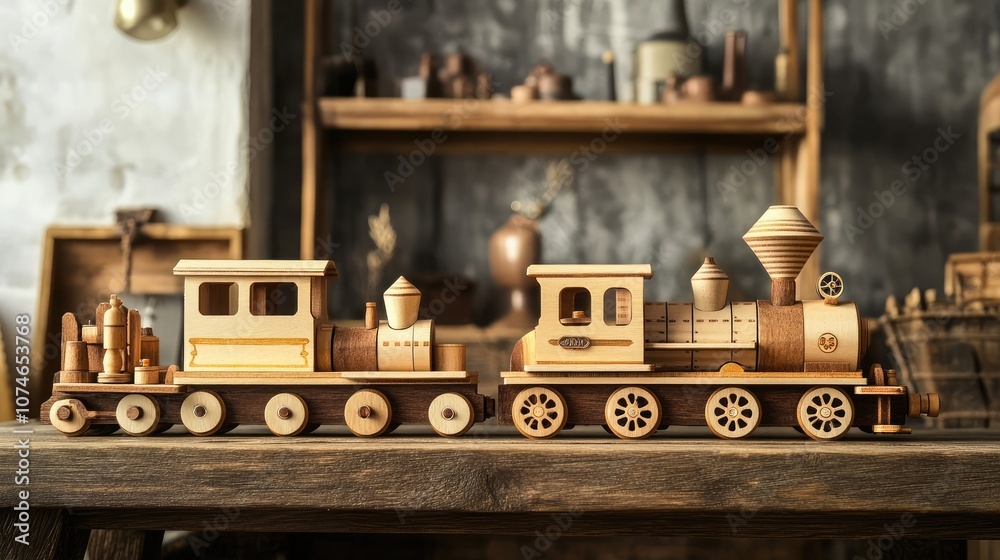 A meticulously crafted wooden toy train set, complete with a locomotive and a passenger car. A meticulously crafted wooden toy train set, complete with a locomotive and a passenger car.