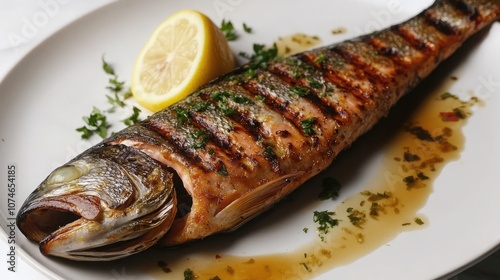 Grilled fish with lemon wedge and herbs on a white plate.