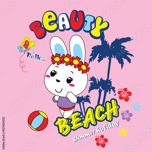 Playful vector illustration of a cute rabbit enjoying the beach with palm trees and blue sky.
