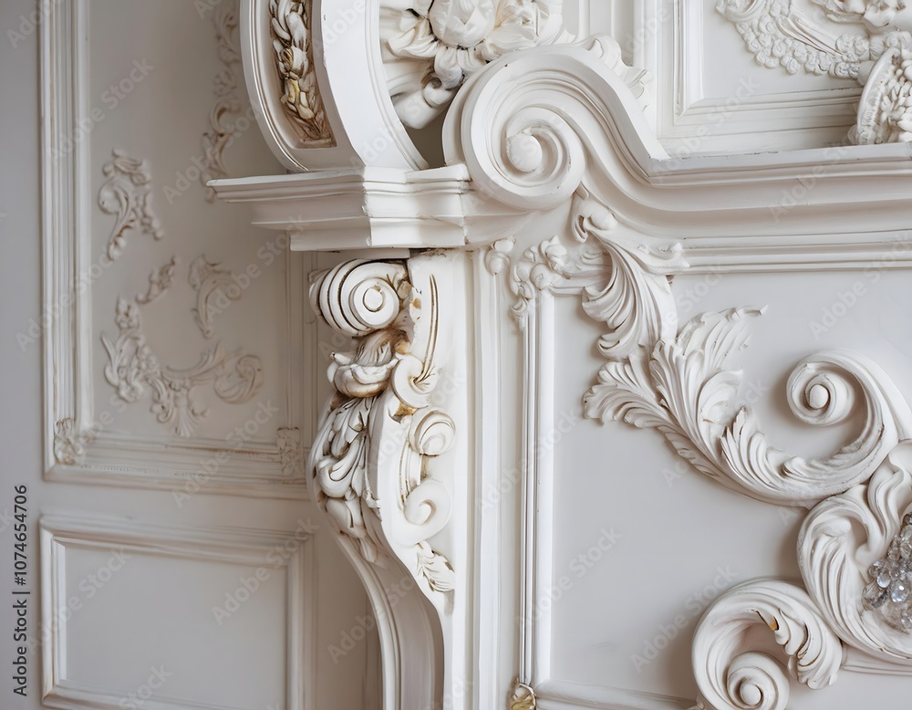 Close-up of a stucco floral decoration on the side of a classical fireplace. Close-up of a stucco floral decoration on the side of a classical fireplace.