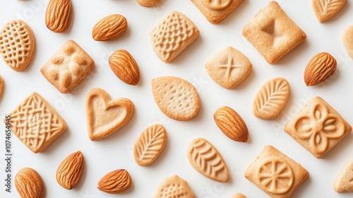 Various shaped cookies arranged on a white background with almonds scattered throughout.