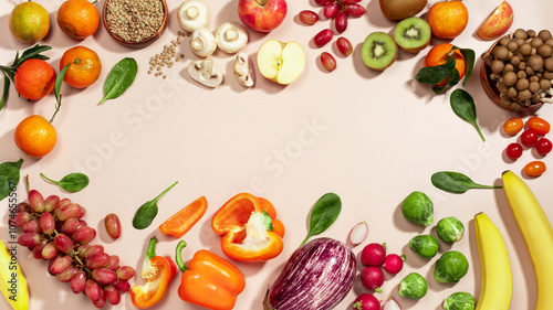 Bild auf Leinwand Frame made of fruits, vegetables, and a bowl of lentils, healthy diet flat lay