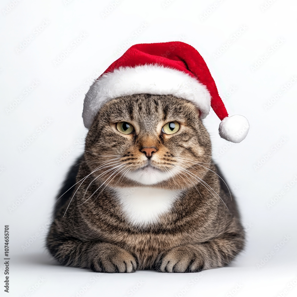 Tabby Cat Wearing a Santa Hat, Festive Studio Portrait Tabby Cat Wearing a Santa Hat, Festive Studio Portrait