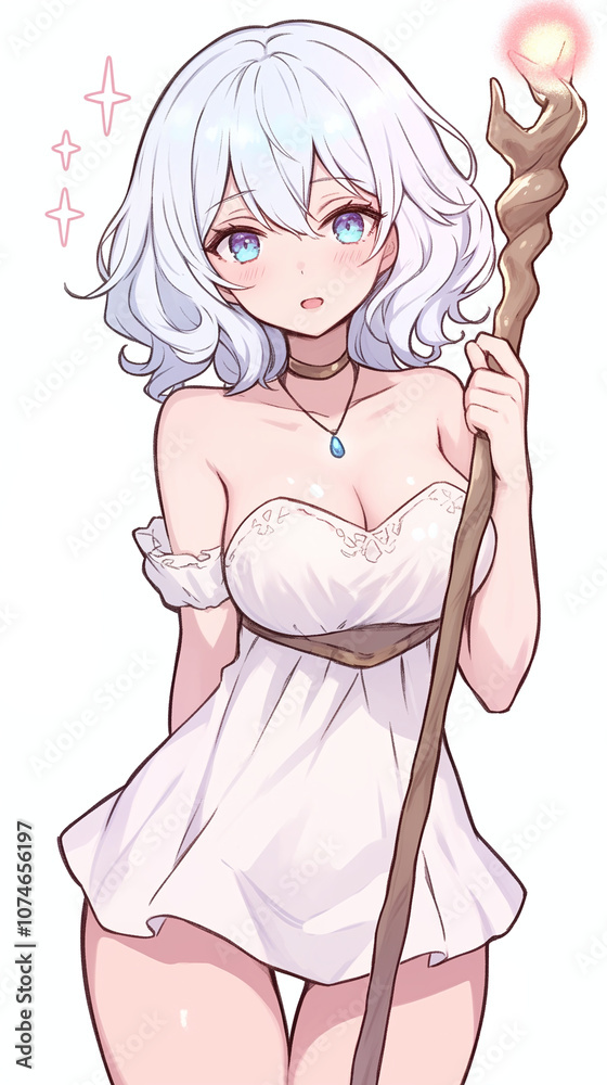 Cute Anime Girl With White Hair And Magical Staff