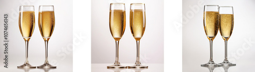 Three pairs of champagne flutes filled with bubbly.