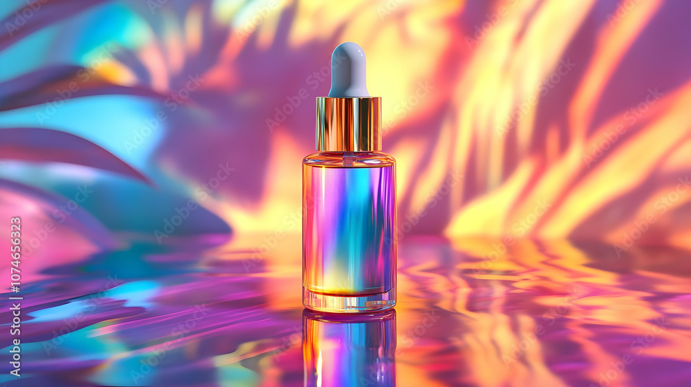 Holographic Glass Bottle on Vibrant Background - 3D Illustration Holographic Glass Bottle on Vibrant Background - 3D Illustration
