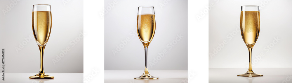 Three champagne flutes are shown with varying levels of liquid. Three champagne flutes are shown with varying levels of liquid.