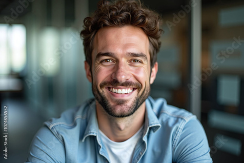 High-quality photograph of smiling man scene, beard-well-groomed and shirt-light-blue