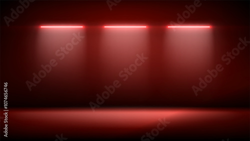 Studio interior, stage with neon, led lighting. Background, backdrop for mounting, product placement. Modern red black interior with light. Design element. Vector background, template, mockup