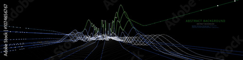 Abstract  background color graph from points in wavy grid data on black. Technology concept virtual points data.  Banner for business, science and technology data analytics. Big Data.