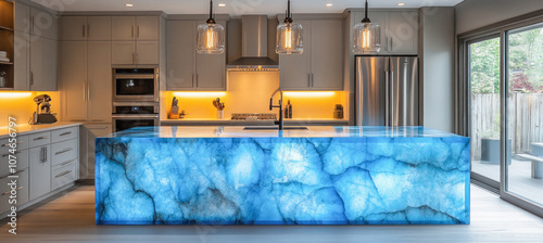Modern kitchen illuminating backlit blue marble countertop