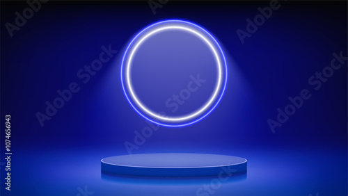 Futuristic blue stage, podium. Blue room with round podium pedestal illuminated by circular blue white neon, led halo. Background for displaying products, presentation. Backdrop. Showcase. Vector