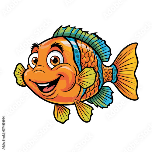 Cartoon Mandarinfish with vibrant colors, large expressive eyes, playful smile, bold outlines, sticker design, generative ai photo