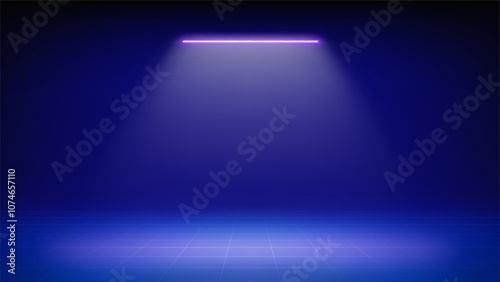 Futuristic blue stage background. Room illuminated by neon, modern led spotlight, grid floor. Minimalistic backdrop design for displaying products, presentation, advertising. Showcase. Vector