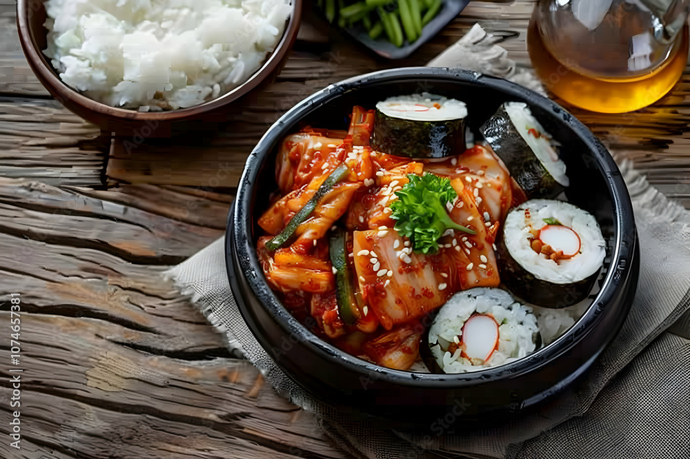top view of korean kimchi, kimbap and topokki near rice and sesame oil on wooden surface top view of korean kimchi, kimbap and topokki near rice and sesame oil on wooden surface