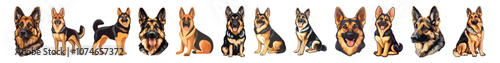 German shepherd dog breed vector set illustration on white background. Cute German Shepherd in full-body, sitting, head, cartoon and realistic. Playful german shepherd breed in different poses.