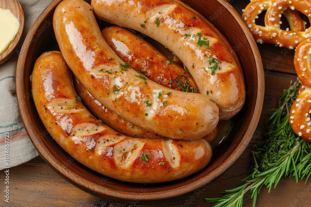 Top view of delicious bratwurst in a bowl on a wooden table. Top view of delicious bratwurst in a bowl on a wooden table.