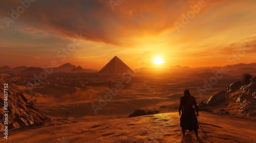 Panoramic View of the Great Pyramids of Giza at Sunrise with Silhouetted Traveler, Expansive Golden Desert, Ancient Egyptian Landscape