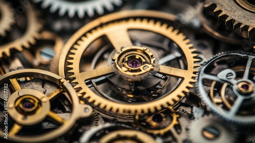 Macro shot of a collection of antique watch gears, brass color, sharp detail on cogs, concept of precision and engineering, vintage machinery