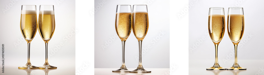 Three pairs of champagne flutes filled with a bubbly beverage and resting on a white background. Three pairs of champagne flutes filled with a bubbly beverage and resting on a white background.