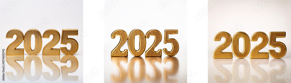 Three images of the year 2025 in golden numbers on a white background, each with a slight variation in perspective. Three images of the year 2025 in golden numbers on a white background, each with a slight variation in perspective.