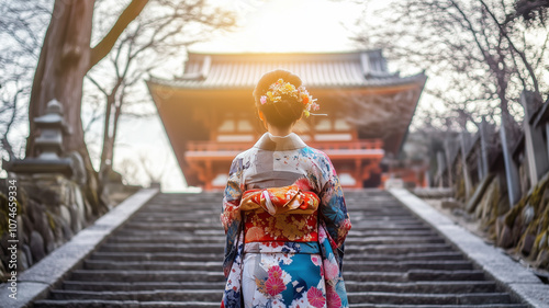 冬の晴れ間にお寺の階段を登る着物姿の日本女性の後ろ姿