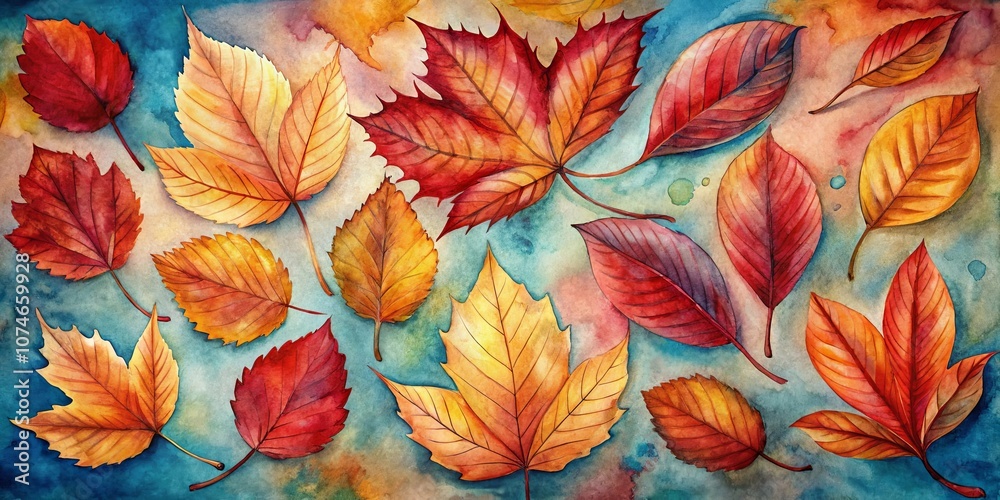 custom made wallpaper toronto digitalAutumn Watercolor Leaves in Vibrant Hues of Red, Orange, and Yellow on a Blue Background