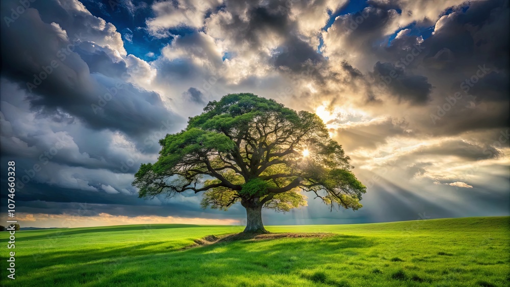 Obraz premium A single tree stands tall in a field of green, bathed in the golden rays of the sun as it breaks through the clouds.