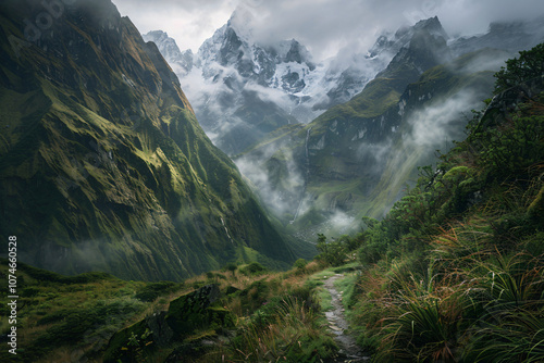 A breathtaking view of a lush valley surrounded by towering mountains shrouded in mist, capturing the essence of nature's beauty for landscape photography.