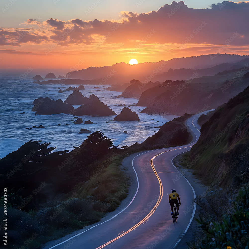 Fototapeta premium Coastal Adventure, a cyclist navigates a picturesque coastal road, vibrant waves crashing nearby, under a clear blue sky, embracing the journey.