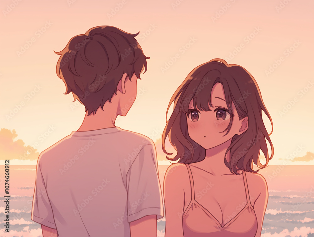 Anime Couple Sunset Beach - Romantic Digital Art Illustration Anime Couple Sunset Beach - Romantic Digital Art Illustration