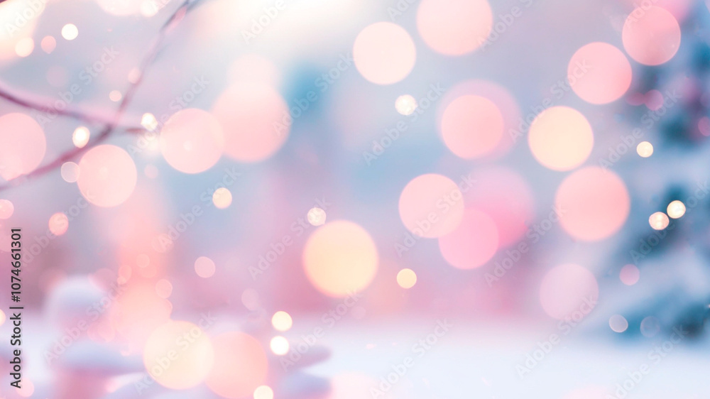 Obraz premium Winter light on horizontal background with blurred bokeh in background on snowy morning, created by artificial intelligence. Generated AI.